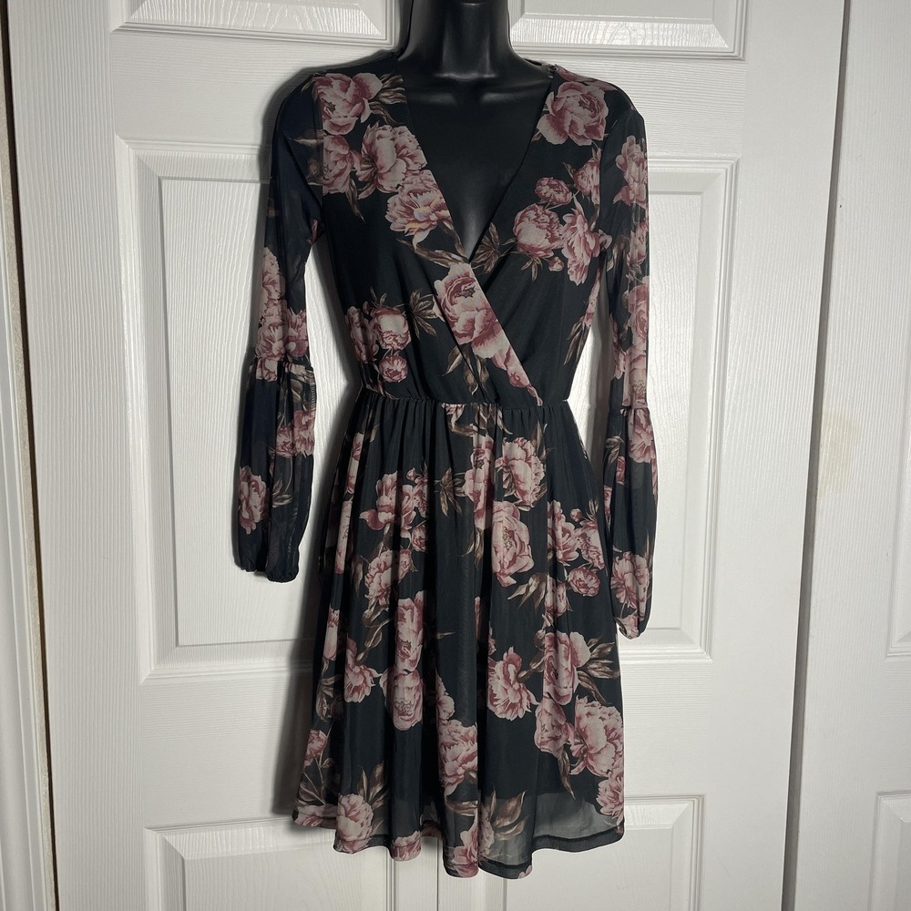 Charlotte Russe  Mesh‎ Dress Women XS Black Pink Floral Faux Wrap Whimsigoth Y2K